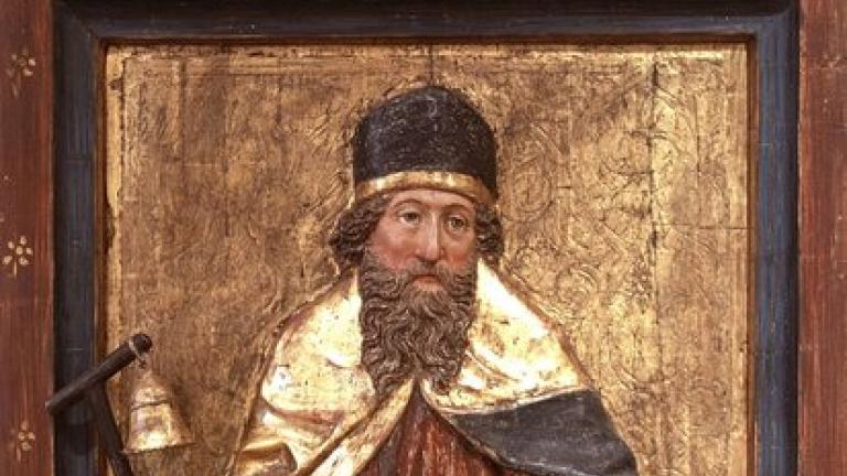 Hl. Antonius mit Kreuzstab und Glocke, Holzrelief um 1500