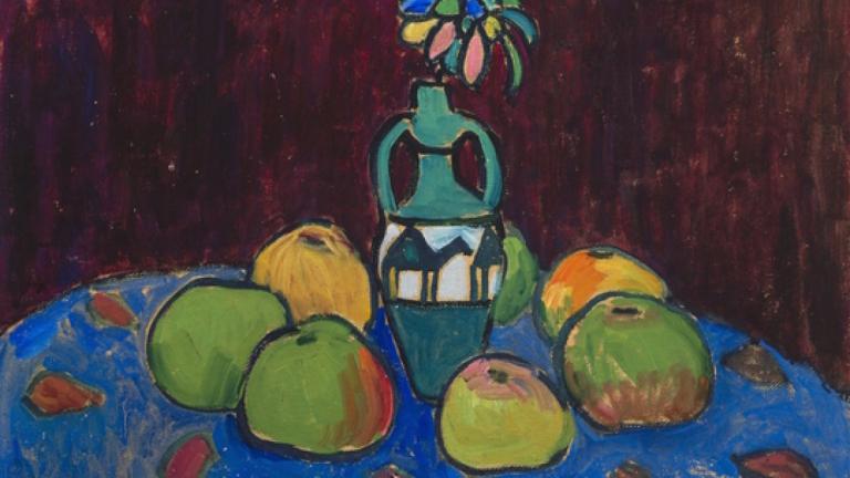 Gabriele Münter, Vase mit Äpfeln, 1909, Öl auf Leinwand, 33 × 49 cm, Franz Marc Museum, Kochel a. See, Dauerleihgabe aus Privatbesitz, © VG Bild-Kunst, Bonn 2025, Foto: Walter Bayer, München